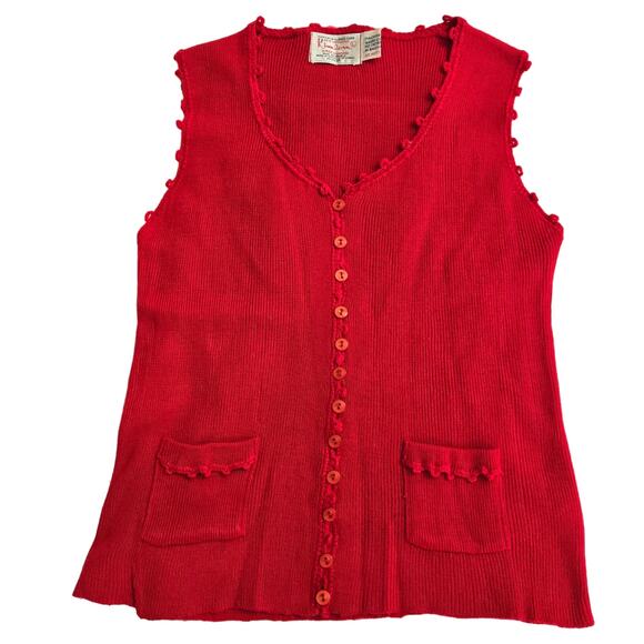 Kimlon Vintage 60s 70s Womens Cottage Red Button-Up Knit Vest w/ Ruffled Trim L - Picture 1 of 10